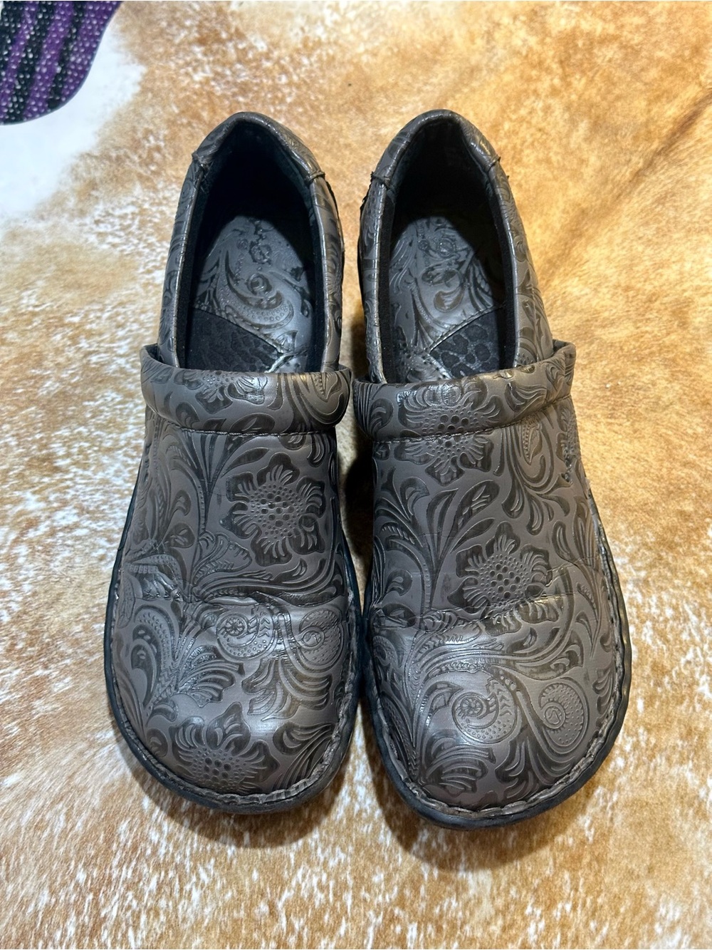 b.o.c. Dark Brown Embossed Floral Slip-On Clogs